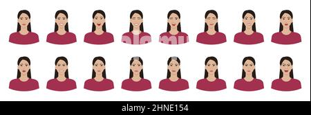 Set di emozioni donna asiatica. Variazioni delle espressioni facciali femminili. Sorridi, felice, allegro, sorpreso, triste, insoddisfatto, irato, arrabbiato, terrorizzato em Illustrazione Vettoriale