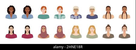 Set di donne con acconciature diverse, colori della pelle, razze, età. Ritratti diversi di donne sorridenti e insoddisfatte. Variazioni dell'esp. Facciale femminile Illustrazione Vettoriale