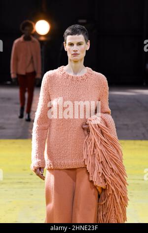 Il modello Saskia de Brauw cammina sulla pista alla sfilata di moda Gabriela Hearst durante l'autunno Winter 2022 Collections Fashion Show alla New York Fashion Week di New York, NY il 15 febbraio 2022. (Foto di Jonas Gustavsson/Sipa USA) Foto Stock