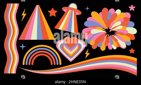 Set di hipster retrò cool arcobaleno elementi psichedelici. Una raccolta di clipart grovy iridato dal 70s. Disegno astratto di adesivi cartoni animati Illustrazione Vettoriale