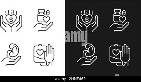 Donazione a pixel sanitari icone lineari perfette impostate per la modalità buio e luce Illustrazione Vettoriale