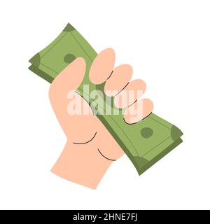 Fattura cartacea in mano. Rimborso, assistenza finanziaria e sostegno. Concetto di valuta. Illustrazione piatta con isolamento vettoriale. Sfondo bianco Illustrazione Vettoriale