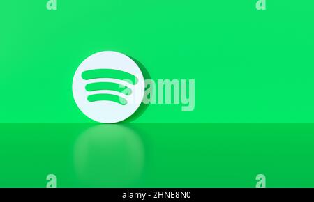 Logo Spotify su sfondo verde con ombra e spazio per testo e grafica. 3D rendering. Foto Stock