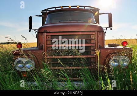 Primo piano di Front Grill of Abandoned Vintage and Rusty Truck in un campo in un giorno di sole Foto Stock