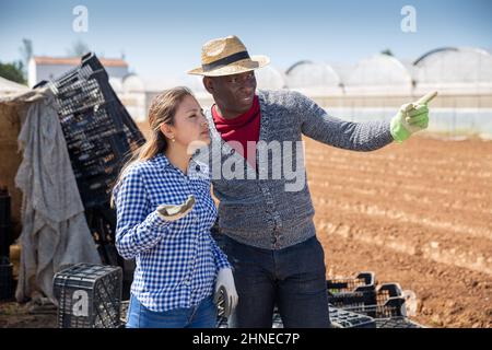 Due agricoltori positivi si rompono tra un lavoro e l'altro Foto Stock