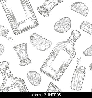 Tequila senza cuciture. Bicchiere e bottiglia di tequila, sale, lime. Incisione in stile vintage. Illustrazione vettoriale. Illustrazione Vettoriale