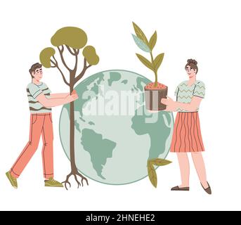 Conservazione dell'ambiente, pianeta verde ed ecologia, salvare il concetto di terra con alberi che piantano volontari. Natura protezione ambientale, flat vec Illustrazione Vettoriale