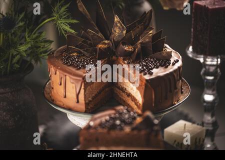 Still LIFE di torta di mousse al cioccolato a strati decorata con varianti di cioccolato Foto Stock