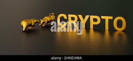 Trattare / speculare con cripto valute concetto. Un toro e un orso oltre al testo d'oro Crypto. Formato banner Web Foto Stock