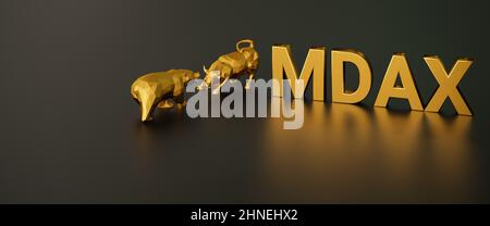 Concetto di indice azionario MDAX. Un toro e un orso oltre al testo dorato MDAX (indice azionario tedesco chiamato 'mid Cap DAX'). Formato banner Web Foto Stock