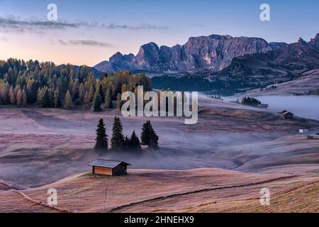 Nebbia sui pascoli dell'Alpe di Seiser con capanne in legno, la montagna Roterdspitze in lontananza, in autunno prima dell'alba. Foto Stock