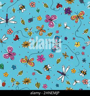 Spring Doodle Bugs Vector Pattern Illustrazione Vettoriale