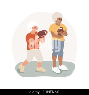 Football isolato cartoon vettore illustrazione americana football esercizi, scuola elementare sport elettivi, bambino praticante stand con palla ovale, indossare casco, vettore competitivo cartoon. Illustrazione Vettoriale