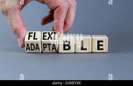 Simbolo adattabile o flessibile. L'uomo d'affari trasforma i cubi di legno e cambia la parola adattabile a flessibile. Bella tabella grigia sfondo grigio, copia sp Foto Stock