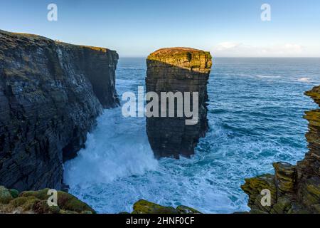 Catasta di mare chiamata Clett, vicino a Robertson's Point, Holborn Head, Scrabbster, vicino a Thurso, Caithness, Scozia, Regno Unito. Foto Stock