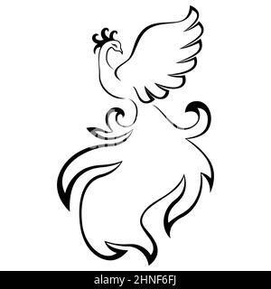 Contorno nero grazioso Firebird isolato sullo sfondo bianco, disegno a mano vettore illustrazione Illustrazione Vettoriale