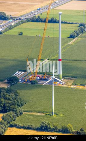 Fotografia aerea, cantiere e nuova costruzione di una turbina eolica nei pressi dell'autostrada A2 a Rhynern, Hamm, zona della Ruhr, Renania settentrionale-Vestfalia, Foto Stock
