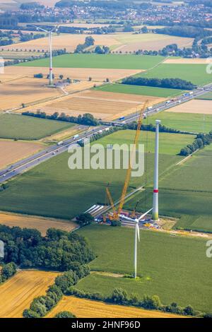 Fotografia aerea, cantiere e nuova costruzione di una turbina eolica nei pressi dell'autostrada A2 a Rhynern, Hamm, zona della Ruhr, Renania settentrionale-Vestfalia, Foto Stock