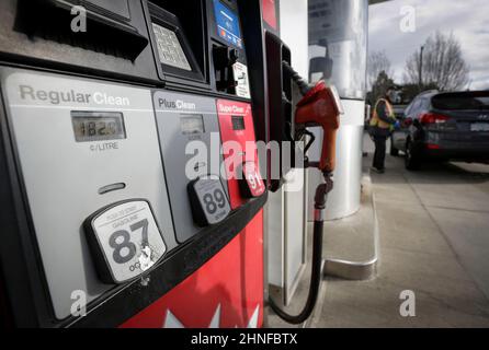 Vancouver, Canada. 16th Feb 2022. Un lavoratore alimenta un veicolo in una stazione di servizio a Vancouver, British Columbia, Canada, il 16 febbraio 2022. Il tasso di inflazione del Canada ha superato il 5% per la prima volta da settembre 1991, aumentando il 5,1% su base anno-su-anno e su da un guadagno del 4,8% in dicembre 2021, Statistics Canada ha detto Mercoledì. Credit: Liang Sen/Xinhua/Alamy Live News Foto Stock