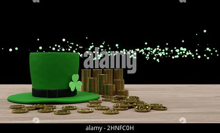 Buon giorno di San Patrizio con cappello di leprechaun e moneta d'oro e bokeh 3D illustrazione di rendering Foto Stock