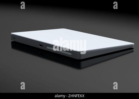 Trackpad del computer color argento o touchpad wireless isolati su sfondo nero. Rendering 3D di attrezzature per l'ufficio domestico e lo spazio di lavoro Foto Stock