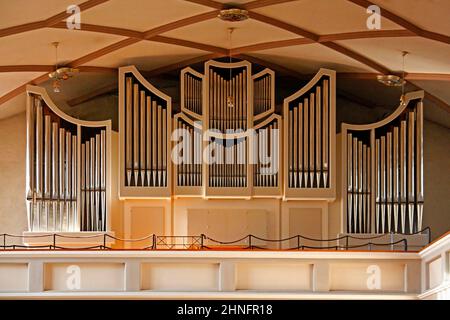 Chiesa protestante, interno, organo, galleria, Freudenstadt, Baden-Wuerttemberg, Germania Foto Stock