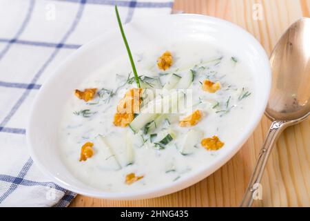 Taratore per zuppa refrigerata bulgara in piatto bianco Foto Stock