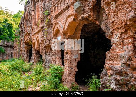 Mattoncini vecchi crumbling di vecchio forte abbandonato circondato da piante verdi Foto Stock
