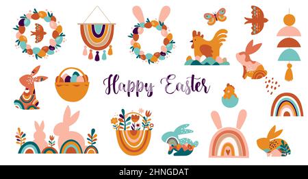 Banner, poster, biglietto d'auguri di buona Pasqua. Design di Pasqua alla moda con tipografia, coniglietti, fiori, uova, coniglietto orecchie, in colori pastello. Minimale e moderno Illustrazione Vettoriale