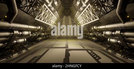 Futuristico industriale Alien Hangar Tunnel futuristico corridoio Cyberpunk Avant Garde Dark Turquoise colori interdimensionali Foto Stock