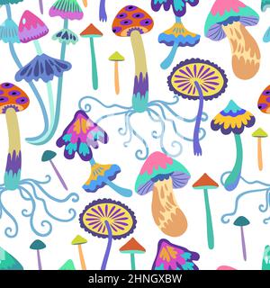 Modello senza cuciture con funghi colorati psichedelici e fata. Illustrazione disegnata a mano con vettore. Illustrazione Vettoriale