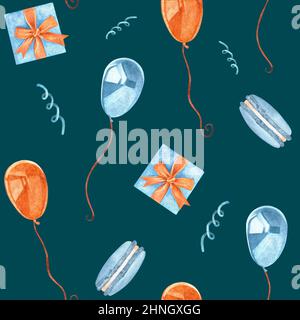 Modello fatto da un set di acquerelli vintage illustrazioni sul tema del compleanno. Macaroon, palloncini, e un regalo. Foto Stock