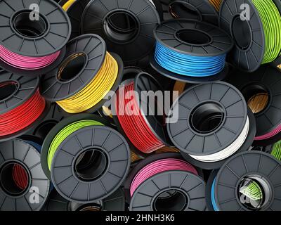 Pila di filamenti colorati per stampante 3D. 3D illustrazione. Foto Stock