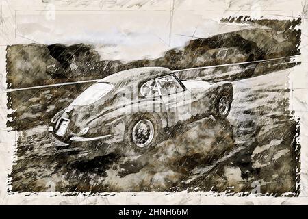 Illustrazione schizzo di un roadster italiano vintage su strada di montagna Foto Stock