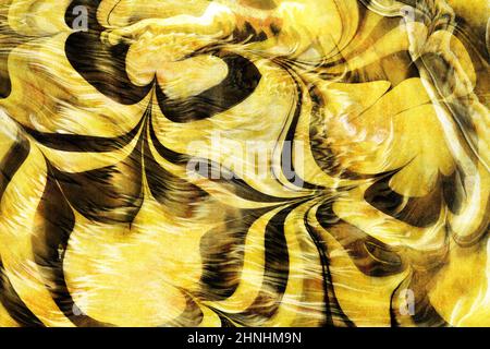 Carta marmigliante giapponese nera e gialla astratta, grana naturale sfondo texture, inchiostro arte, illustrazione onda Foto Stock