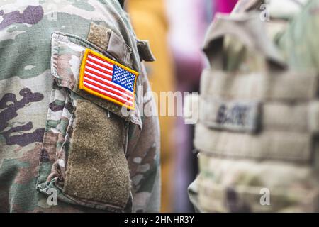 Bandiera del corpo Marino degli Stati Uniti, degli Stati Uniti o dell'esercito degli Stati Uniti, su un'uniforme soldato Foto Stock