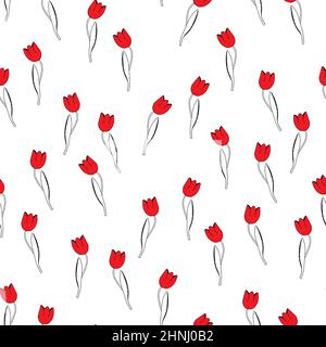 Illustrazione vettoriale a primavera colorata con tulipani rossi. Stile cartoon. Design per tessuti, tessuti, carta da parati, poster, cartoncino, carta. Stampa delle festività Illustrazione Vettoriale