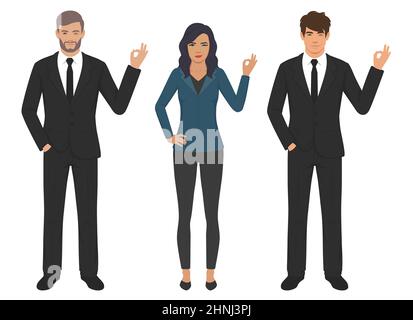 Bel uomo d'affari e donna in abiti casual gesturing ok segno isolato illustrazione vettoriale Illustrazione Vettoriale