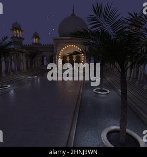 3d illustrazione di un luogo fantasy con ober arabo indiano edificio di notte Foto Stock