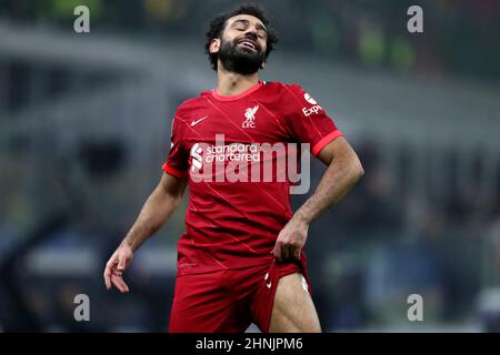 Milano, Italia, 16 febbraio 2022, Mohamed Salah del Liverpool FC sembra sconsolato durante il UEFA Champions League Round di sedici partite tra FC Internazionale e Liverpool FC allo Stadio Giuseppe Meazza il 16 febbraio 2022 a Milano. Foto Stock