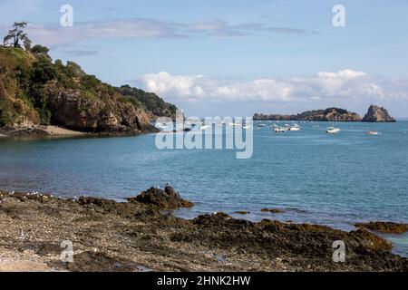 Barche da pesca e yacht ormeggiati nella baia in alta marea a Cancale, famosa città di produzione di ostriche. Bretagna, Francia Foto Stock