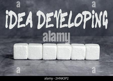 Idea di didascalia concettuale sviluppo, Business idea innovare il concetto e portare l'idea alla realtà stack di esempi di scatole rettangolari cubo su su su Foto Stock