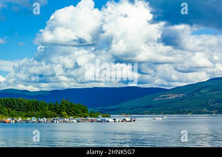 Barche e yacht al porto turistico nella ricca Norvegia. Giorno di sole. Foto Stock