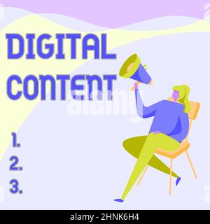Testo a mano contenuto digitale. Concetto che significa qualsiasi contenuto che esiste nella forma di dati digitali Woman Drawing Holding Megaphone seduta su una sedia gambe incrociate. Foto Stock