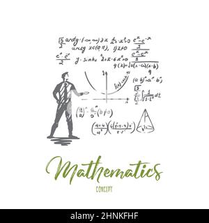 Matematica, educazione, scienza, scuola, studio. Vettore isolato disegnato a mano. Foto Stock