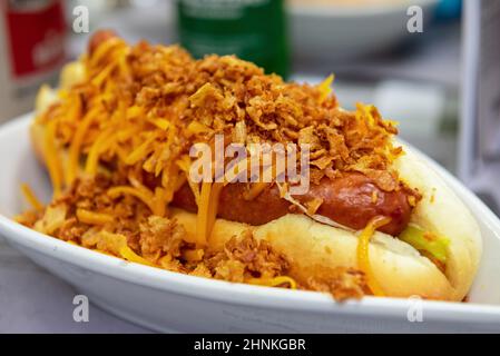 Hot dog fatto in casa con formaggio Cheddar e cipolle. Foto Stock