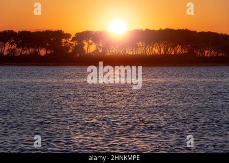 Costa del Salento: Vista al tramonto del porto di Porto Cesareo in Puglia. Sullo sfondo l'isola dei conigli. Foto Stock