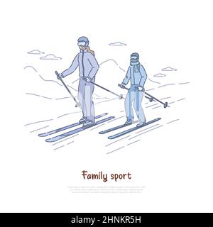 Madre felice con bambino che scii insieme, ricreazione attiva, vacanza di festa, svago all'aperto, bandiera della stazione sciistica. Attività di sport invernali per famiglie conce Foto Stock