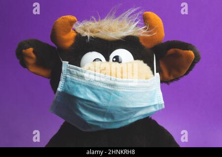 Divertente peluche giocattolo in una maschera protettiva Foto Stock