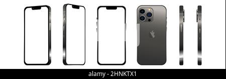 Nero moderno smartphone mobile iPhone 13 PRO in 6 diverse angolazioni su sfondo bianco - Vector Foto Stock